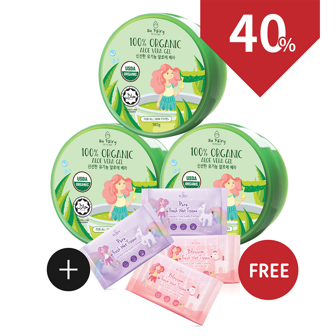 [BUNDLE PACK] AUFAIRY Soothing Spell 100% Organic Aloe Vera Gel : 3 PCS+FREE 4 packs of 30s Wet Wipes